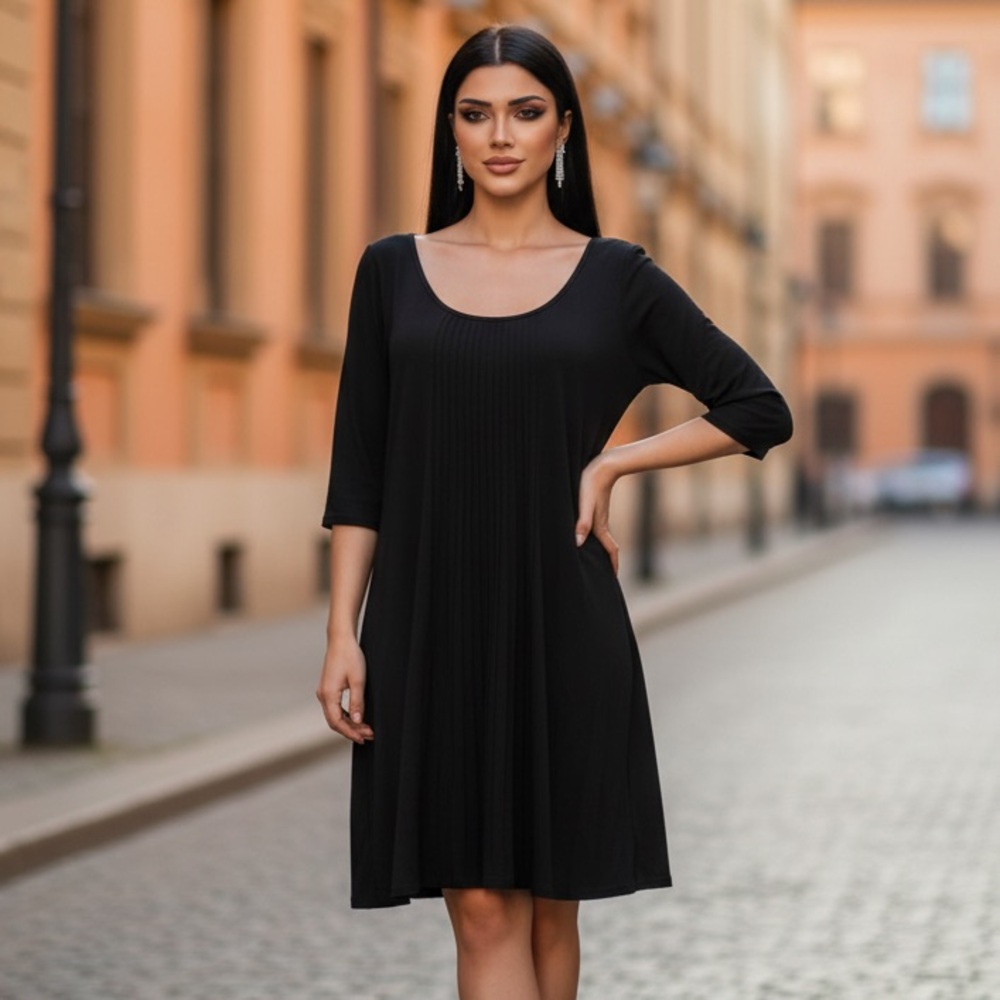 Eileen Fisher 100% Silk Black Ribbed 3/4 Sleeve Sweater Dress S